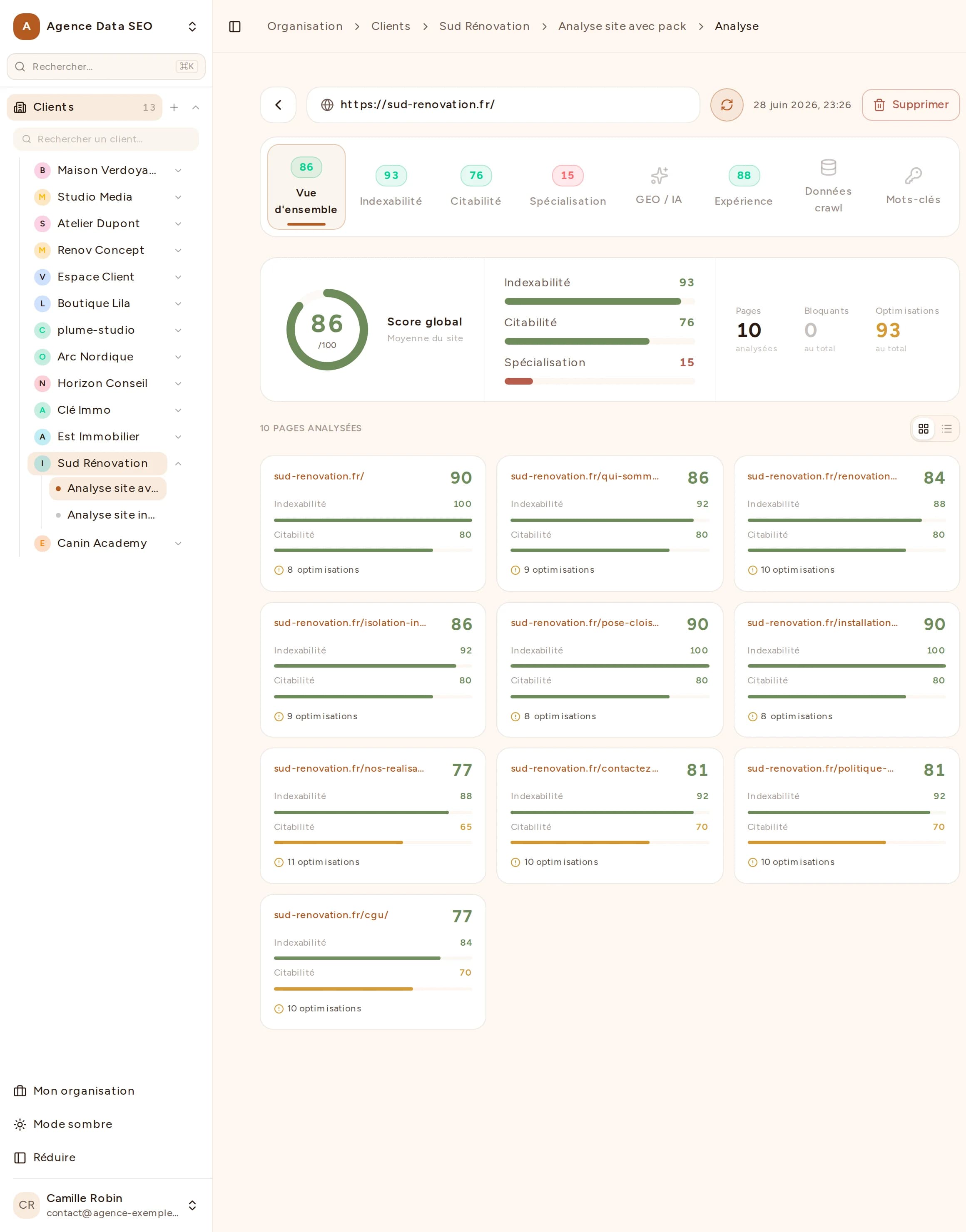 Capture de l'onglet Vue d'ensemble de Bretzel SEO : score global du site, répartition indexabilité / citabilité / spécialisation et liste des pages analysées