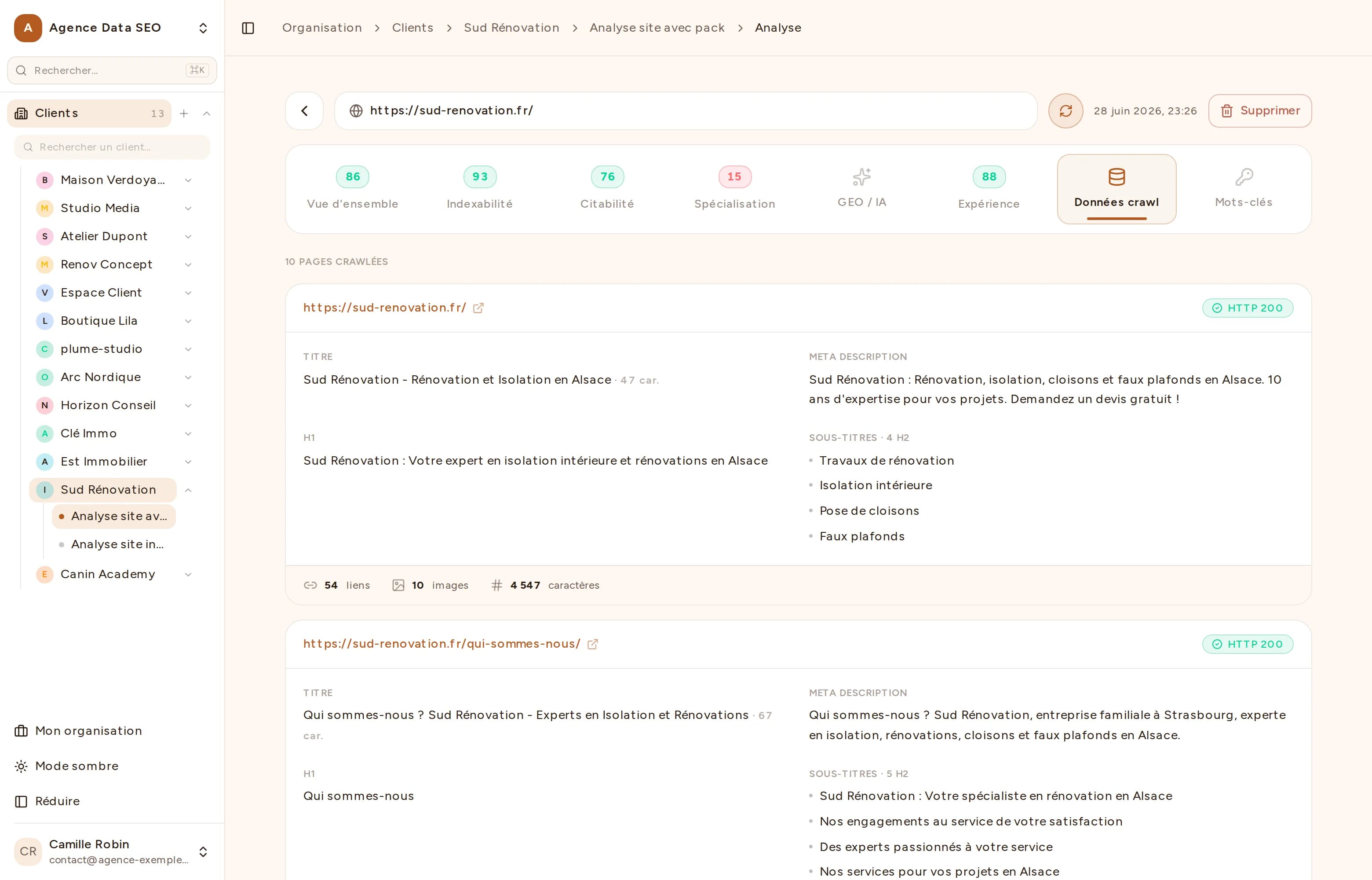 Capture de l'onglet Données crawl de Bretzel SEO : titre, meta description, H1 et statistiques de contenu pour chaque page crawlée