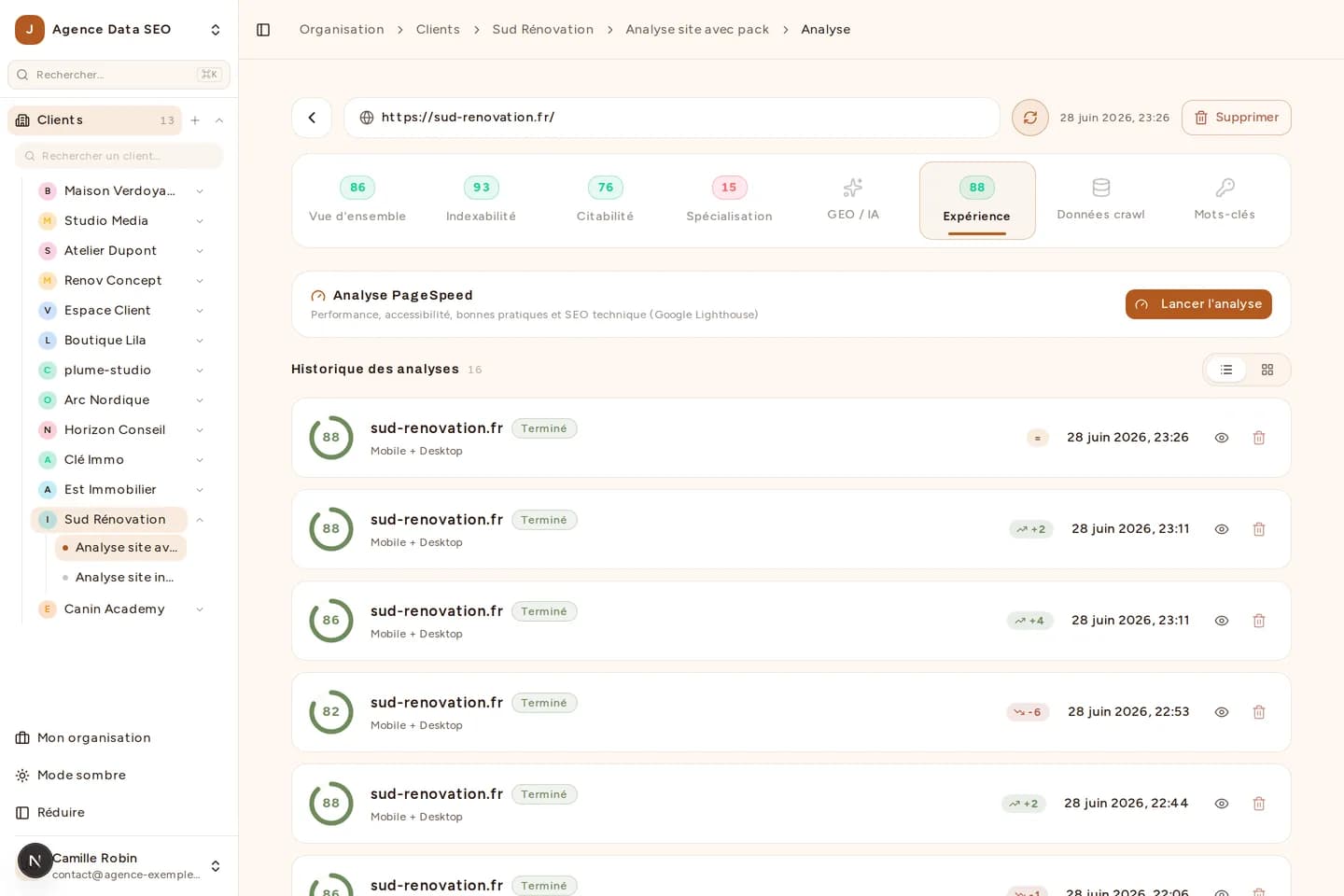 Capture de l'onglet Expérience de Bretzel SEO : score PageSpeed et historique des analyses de performance