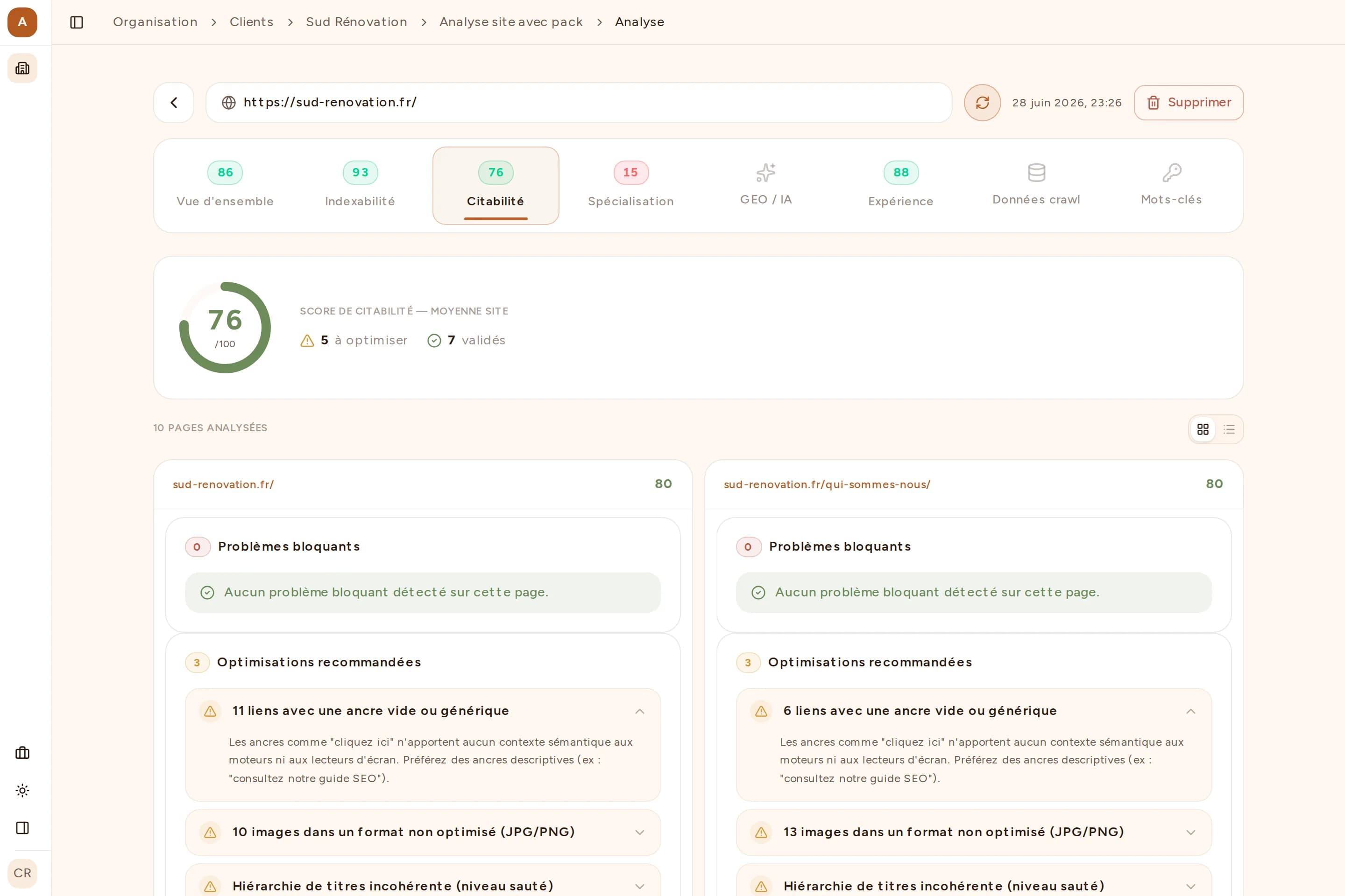 Capture de l'onglet Citabilité de Bretzel SEO : score de citabilité et optimisations recommandées (ancres de liens, images, hiérarchie des titres)