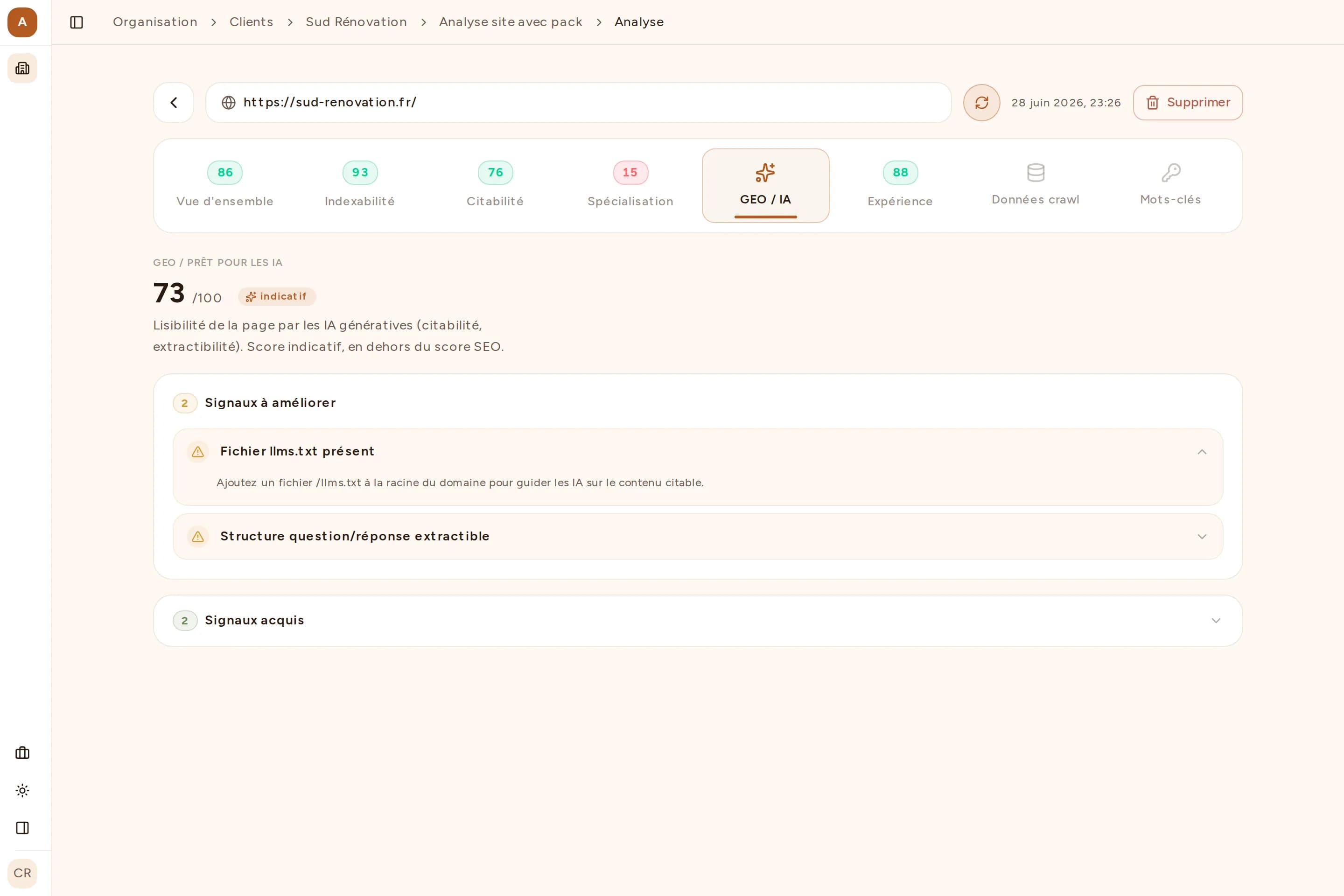 Capture de la page Citations de Bretzel SEO : lancement d'un audit de présence en annuaires et historique des analyses