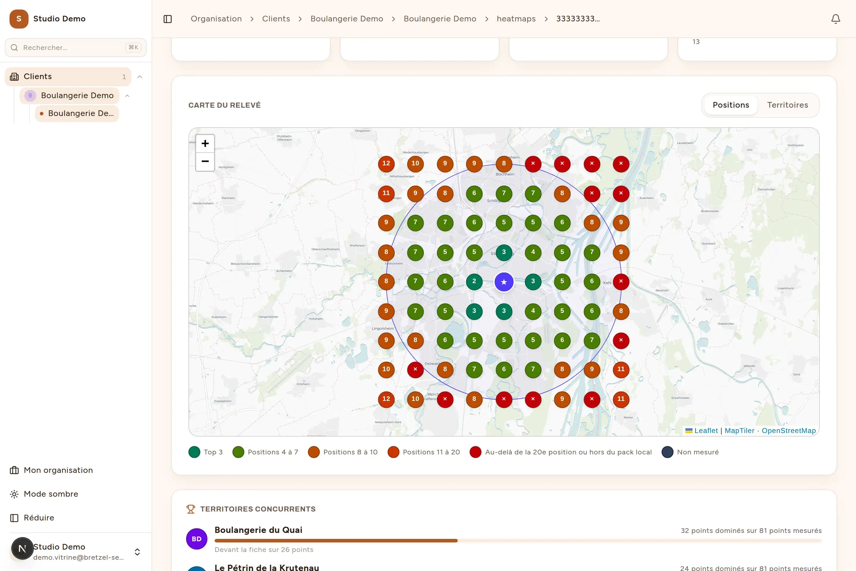 Carte de chaleur Bretzel SEO : grille de 81 points autour d’une boulangerie strasbourgeoise, chaque point affichant la position de la fiche dans le pack local