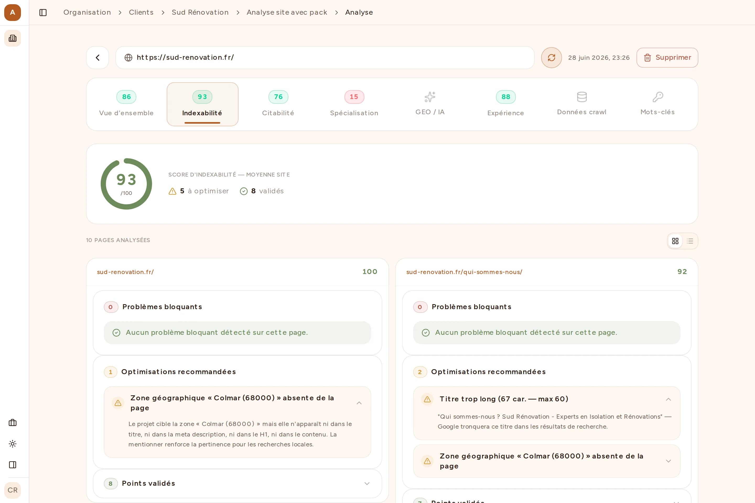 Capture de l'onglet Indexabilité de Bretzel SEO : score par page, problèmes bloquants et recommandations d'optimisation