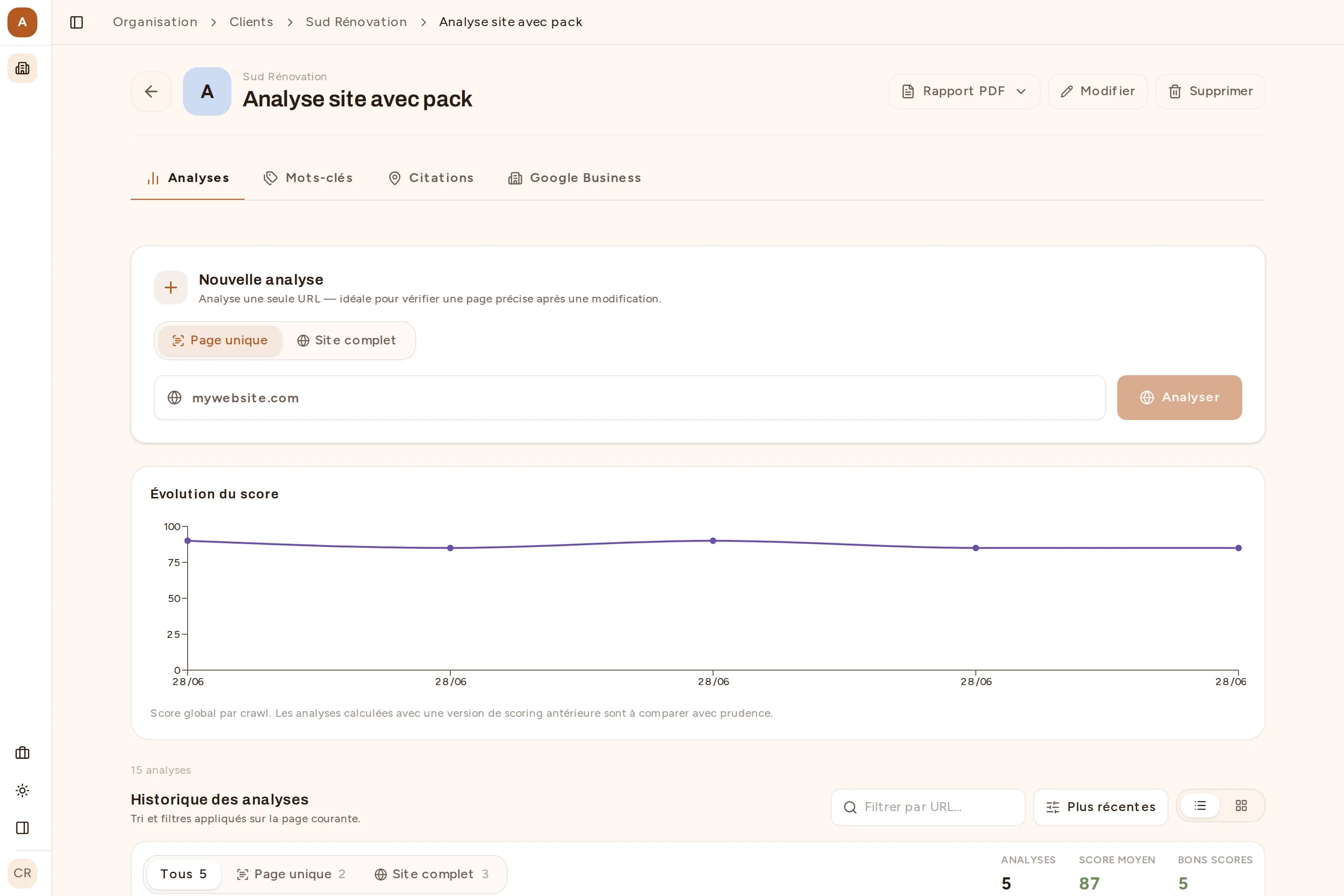 Capture de la page Analyse site avec pack de Bretzel SEO : lancement d'une analyse, évolution du score dans le temps et historique des analyses
