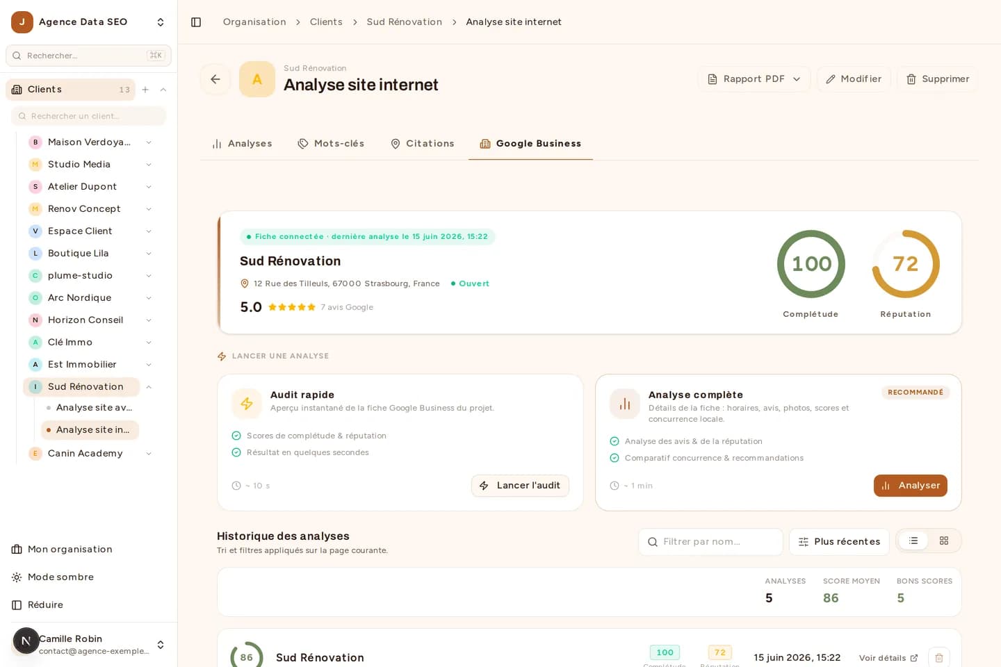 Capture de l'onglet Google Business de Bretzel SEO : complétude et réputation de la fiche, avis Google et lancement d'une analyse