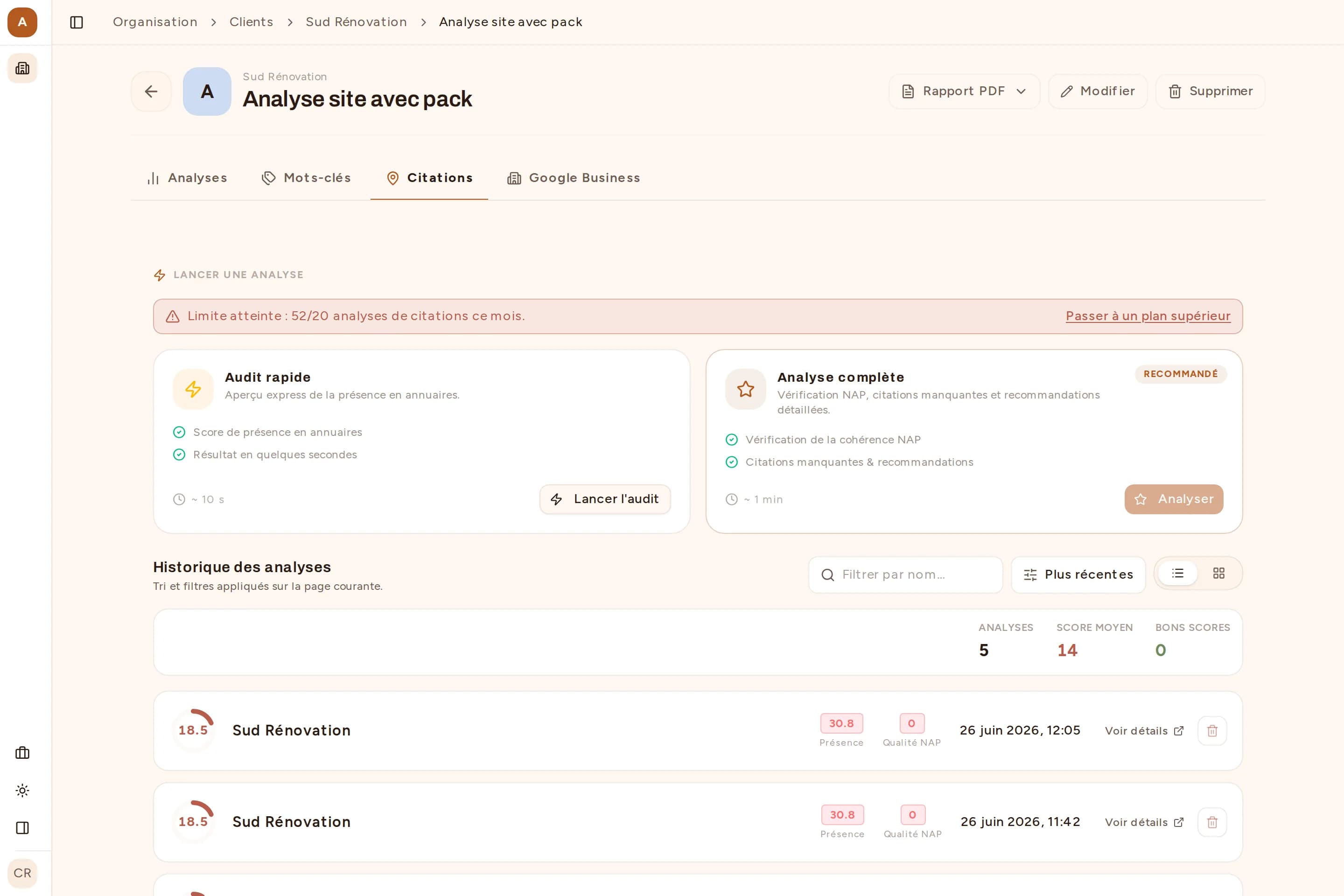 Capture de l'onglet Citations de Bretzel SEO : cohérence NAP et présence dans les annuaires locaux (Google Business Profile, Pages Jaunes, TripAdvisor, Yelp)