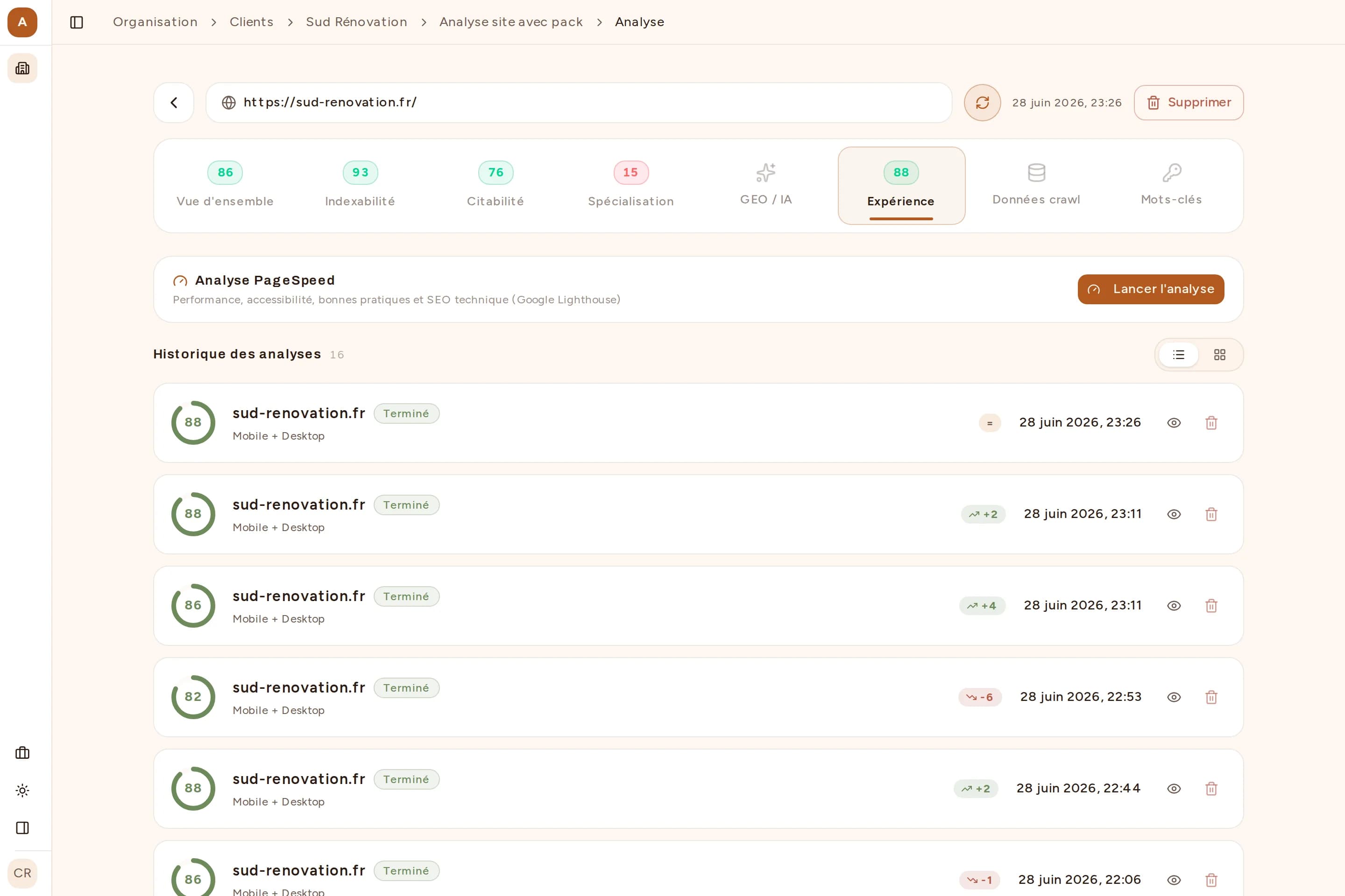 Capture de l'onglet GEO / IA de Bretzel SEO : score de préparation du site pour les IA génératives et signaux à améliorer