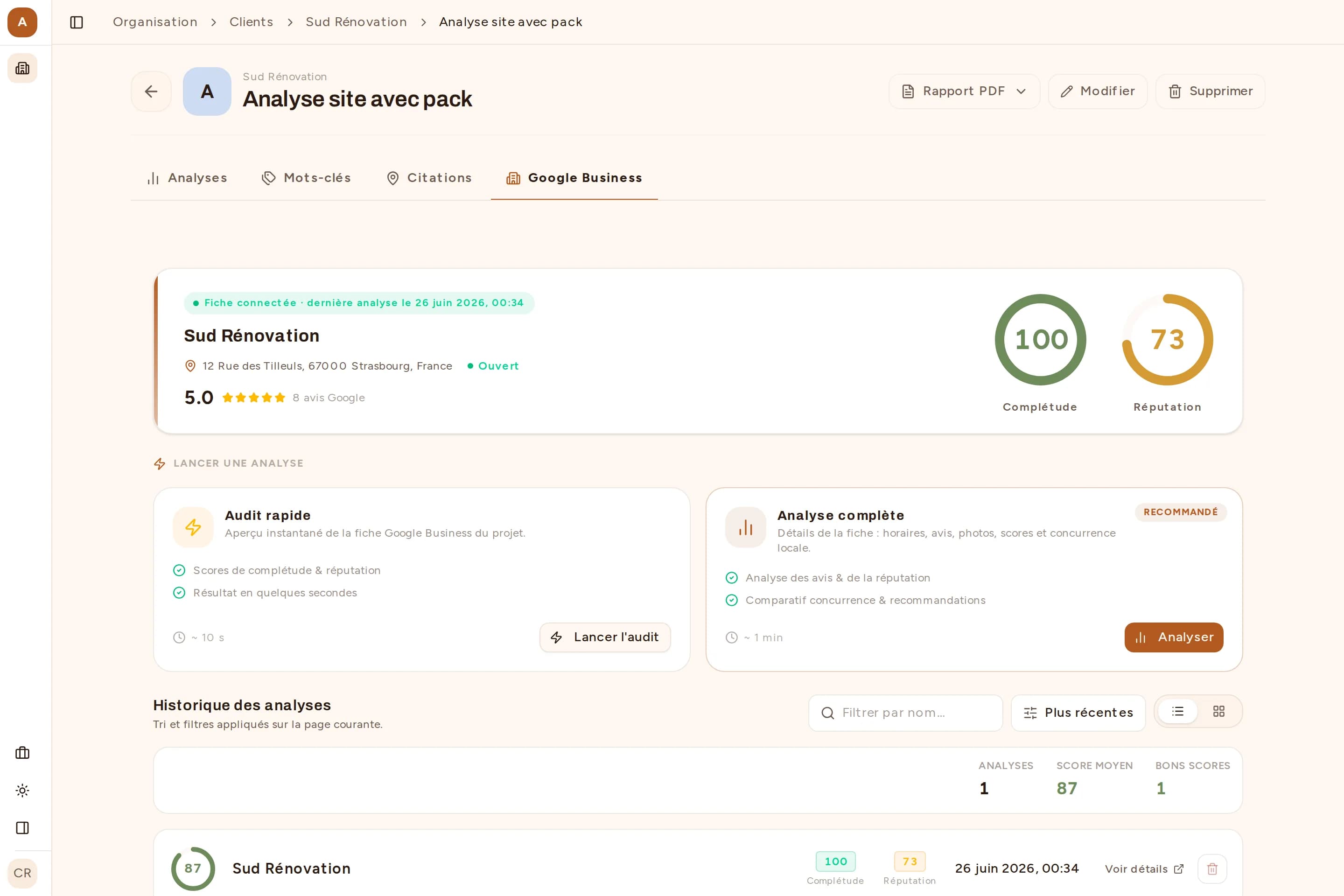Capture de l'onglet Google Business de Bretzel SEO : complétude et réputation de la fiche, avis Google et lancement d'une analyse